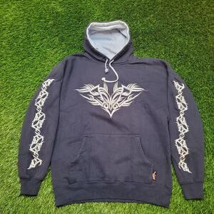 VTG Y2K Tribal Hoodie Mens L (Fits XL) Embroidered Sleeve Hit Grunge Oversized